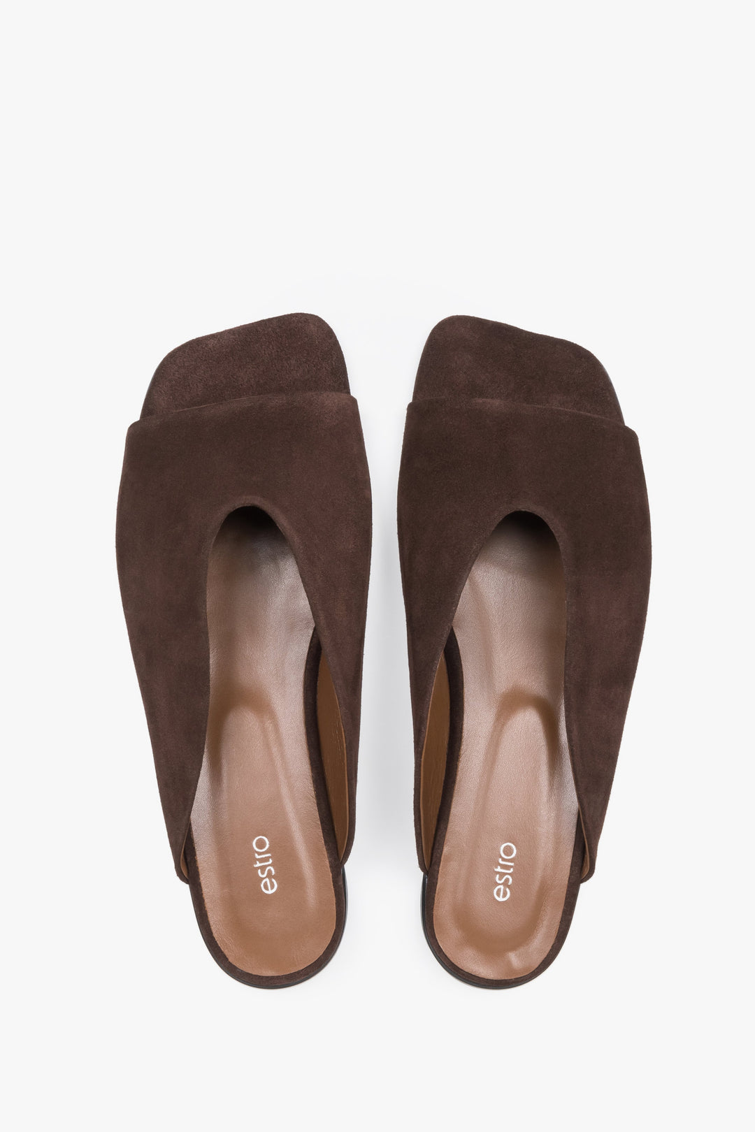 Women's dark brown velour flat mules with square toe by Estro