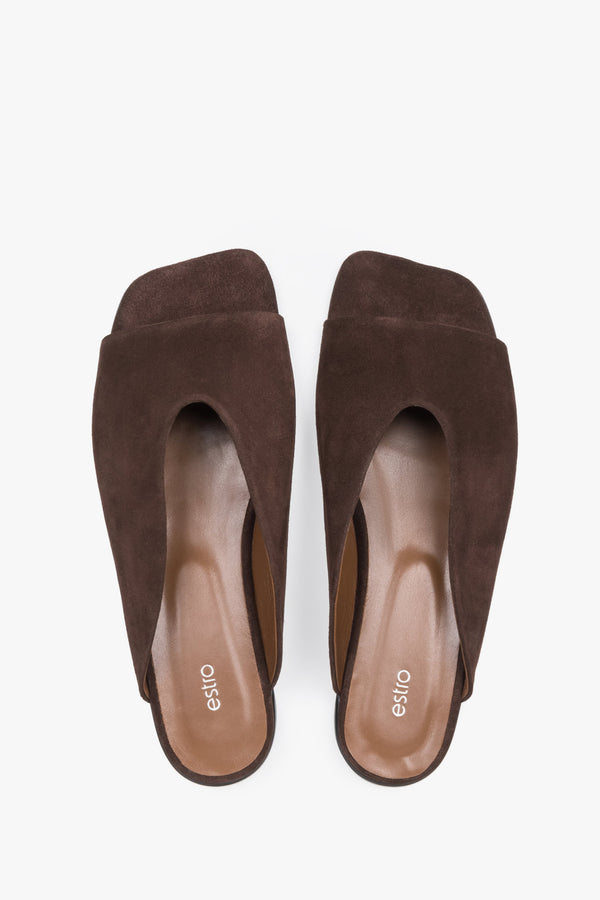 Women's dark brown velour flat mules with square toe by Estro