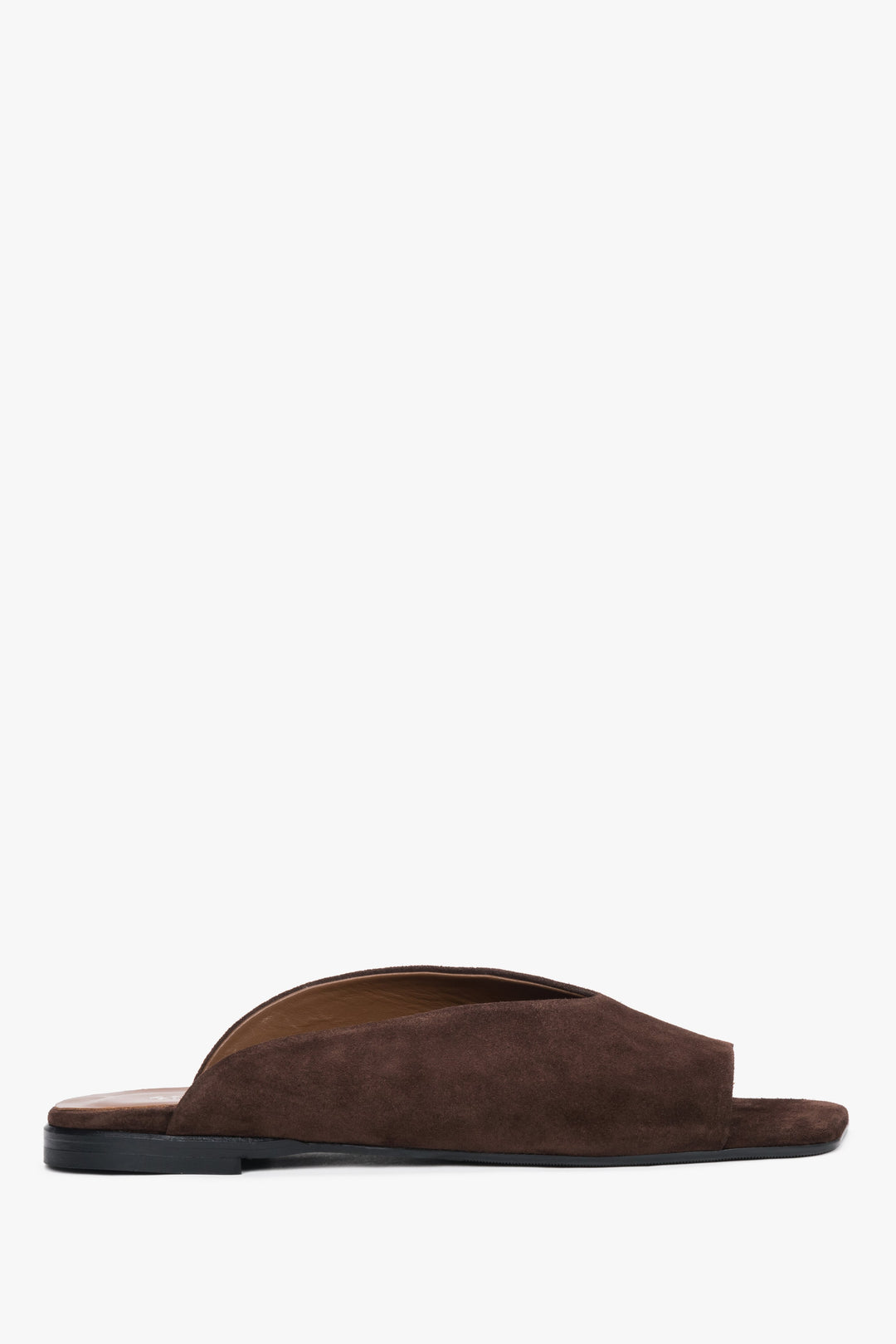 Side view of women's dark brown velour flat mules by Estro
