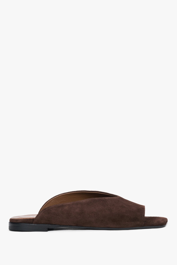 Side view of women's dark brown velour flat mules by Estro
