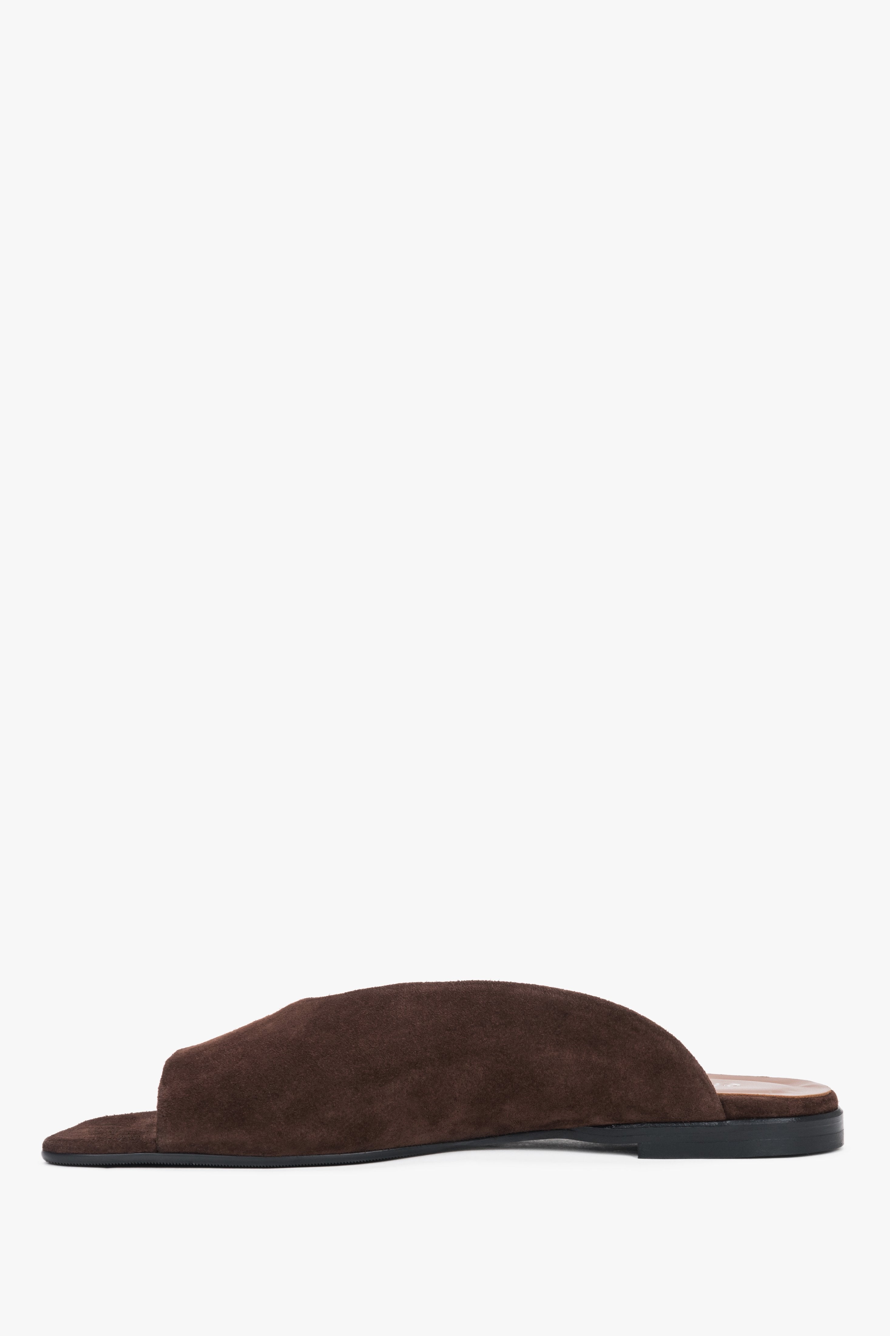 Low side view of women's dark brown velour flat mules