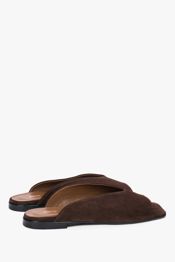 Angled view of women's dark brown velour mules with TPU sole