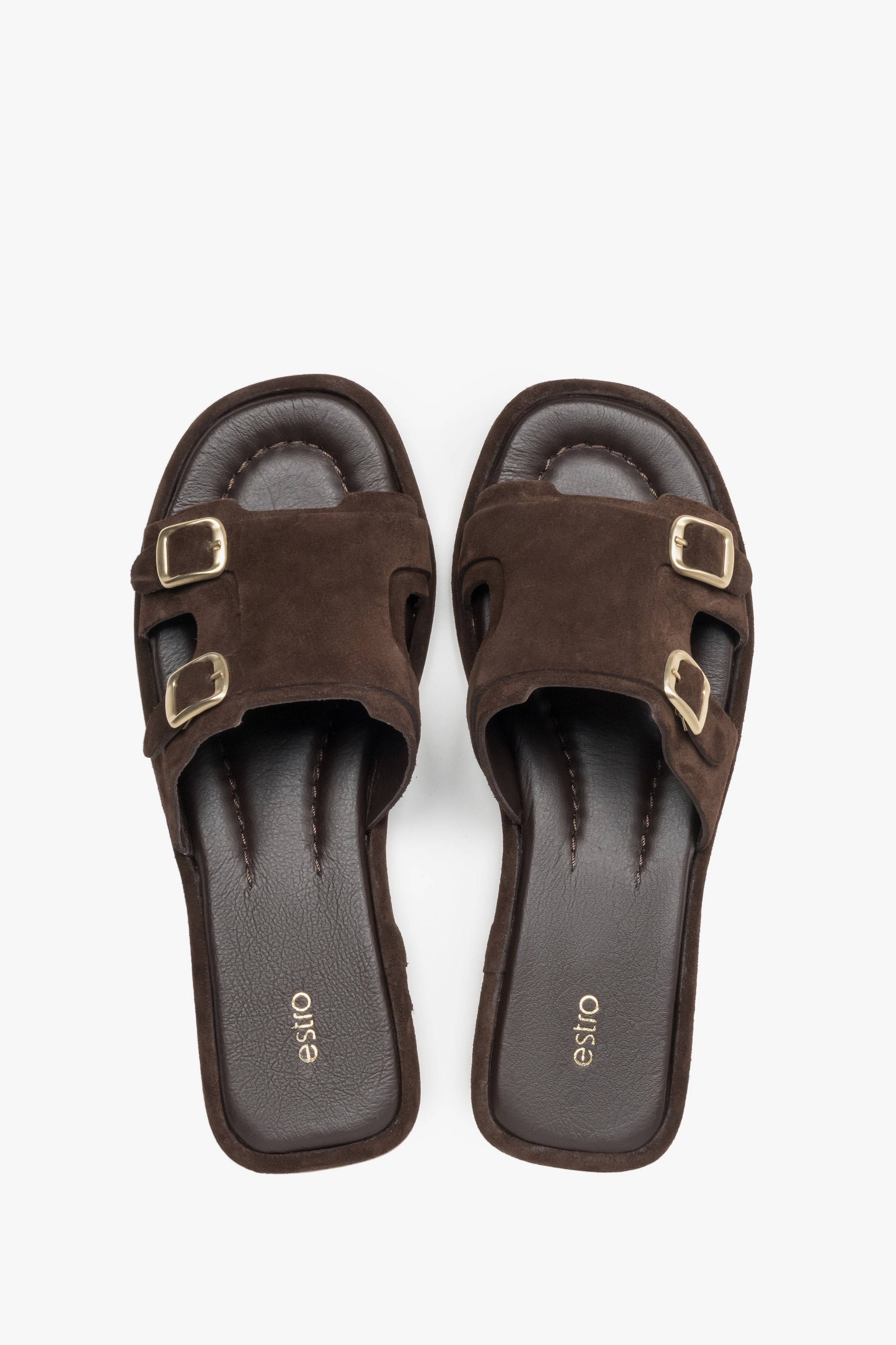 Women’s Dark Brown Velour Flat Slide Sandals with Gold Buckles Estro ER00119634.