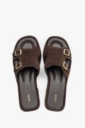 Women’s Dark Brown Velour Flat Slide Sandals with Gold Buckles Estro ER00119634.