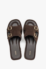 Women’s Dark Brown Velour Flat Slide Sandals with Gold Buckles Estro ER00119634.