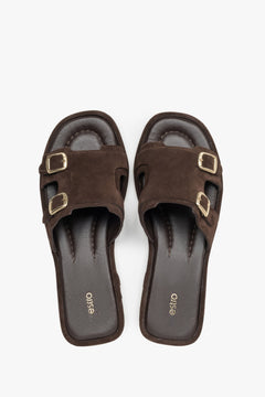Women’s Dark Brown Velour Flat Slide Sandals with Gold Buckles Estro ER00119634.
