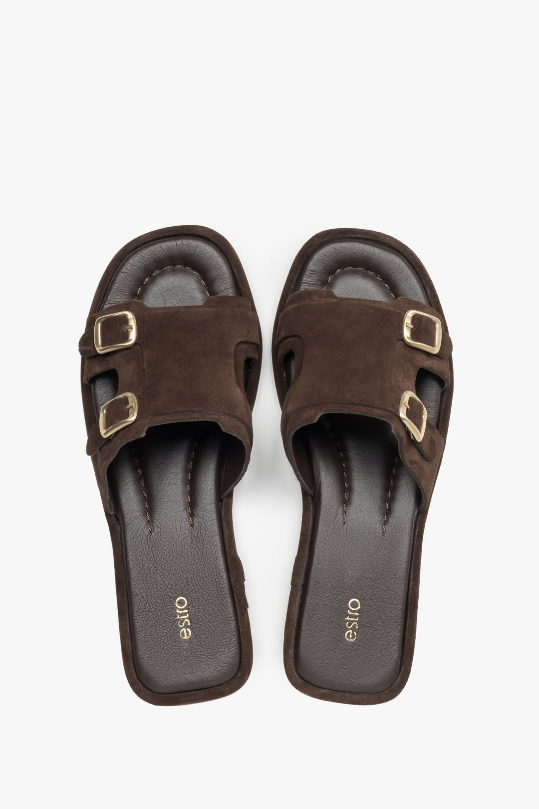 Women’s Dark Brown Velour Flat Slide Sandals with Gold Buckles Estro ER00119634.