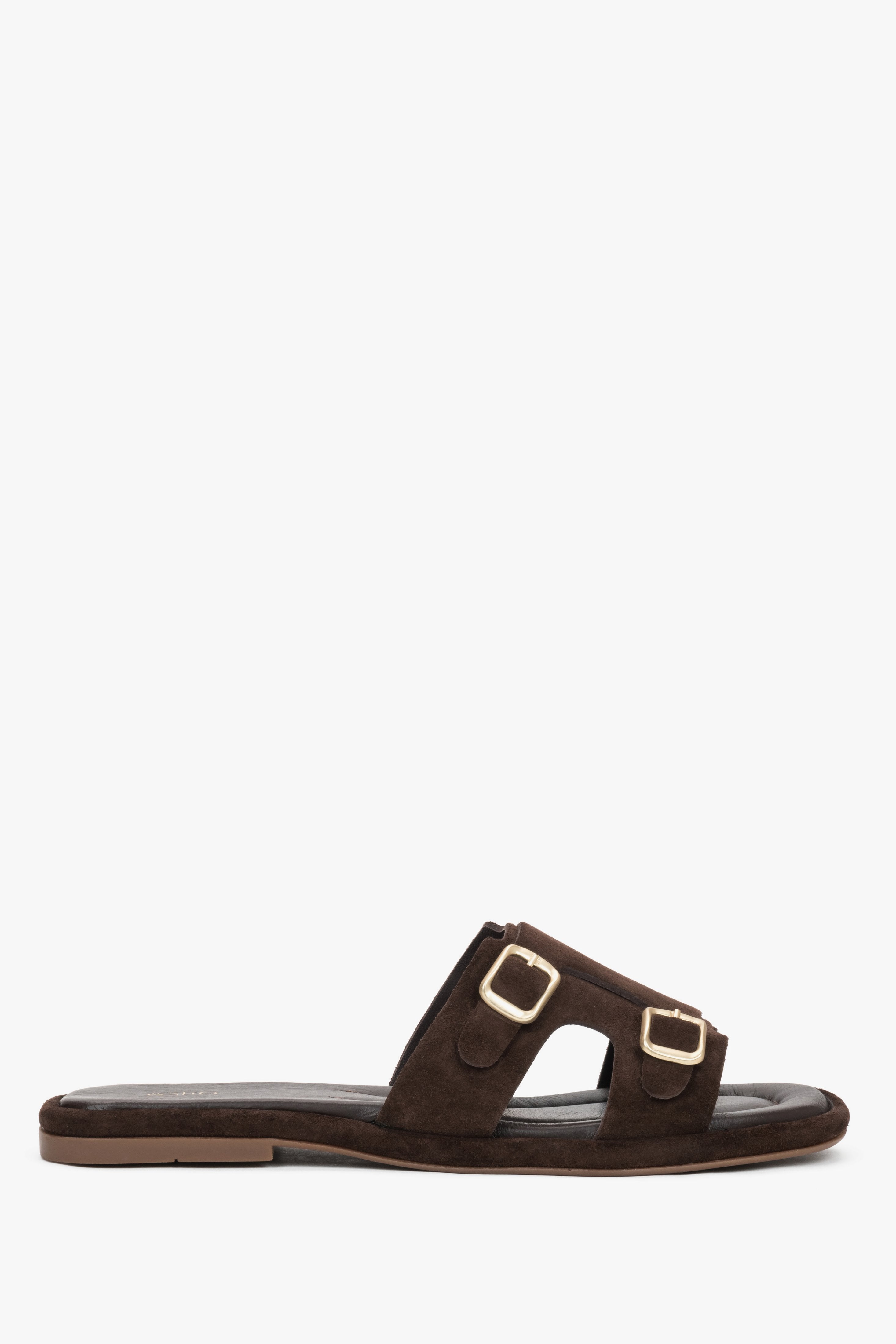 Women's dark brown genuine leather slide sandals with elegant gold accents Estro, showcasing a refined and minimalist summer silhouette.