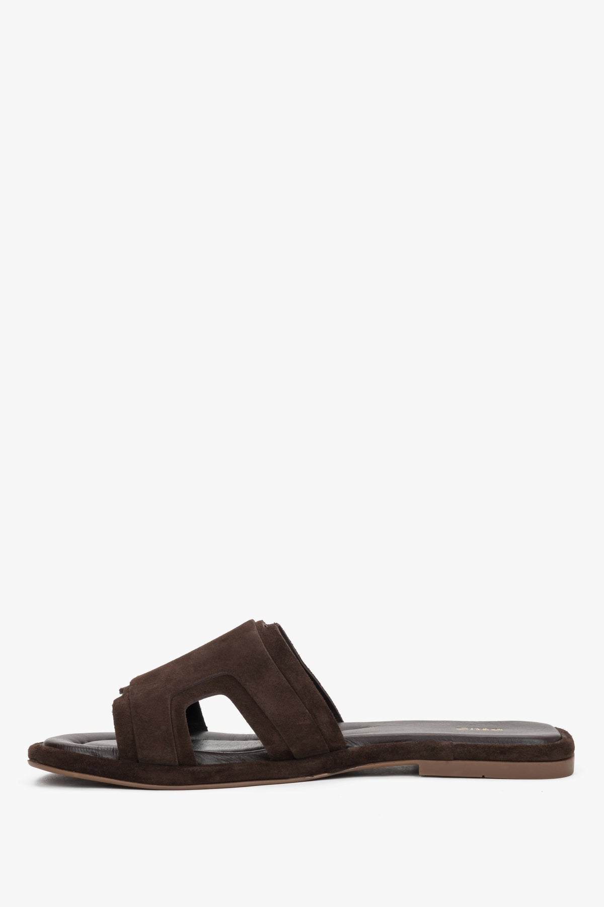 A profile shot of the dark brown slides showcasing the flat, flexible TPU sole and the secure, comfortable design of the wide straps.