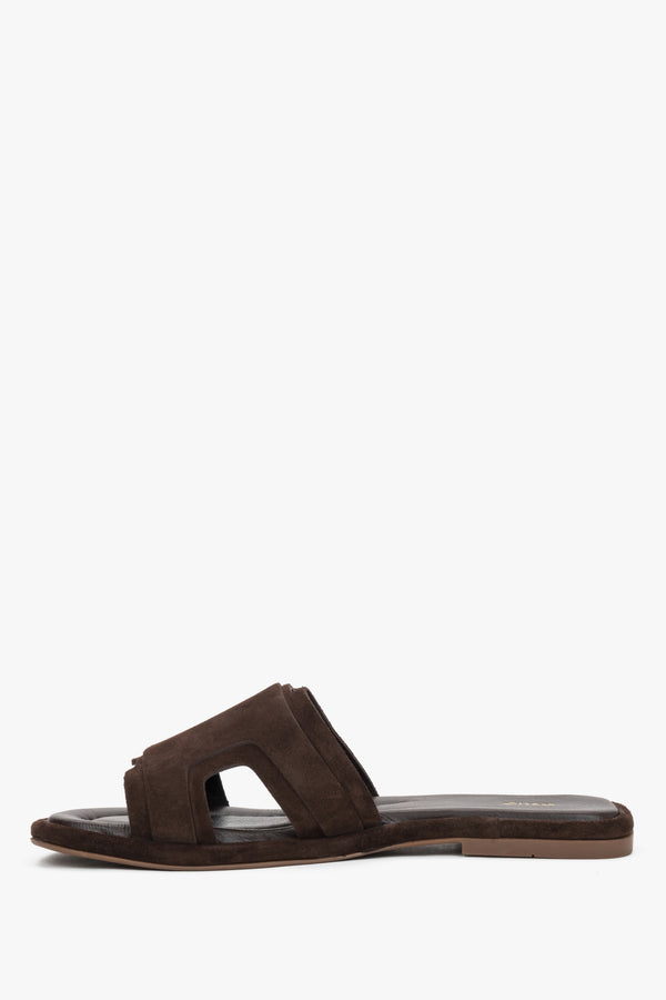 A profile shot of the dark brown slides showcasing the flat, flexible TPU sole and the secure, comfortable design of the wide straps.