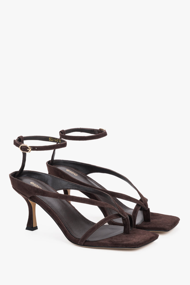 Women’s brown heeled sandals with a 7.5 cm sculpted heel – 100% genuine velour by Estro.