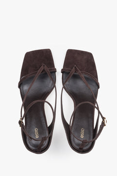 Elegant dsrk brown sandals with thin straps, made of genuine velour, 7.5 cm heel – top view.