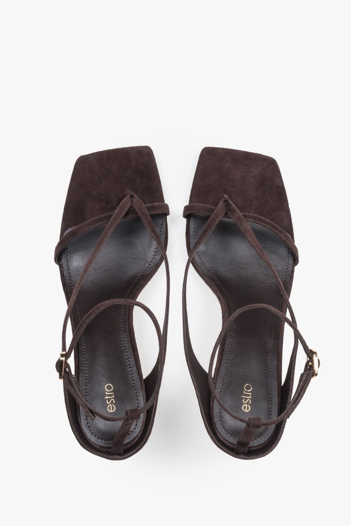 Elegant dsrk brown sandals with thin straps, made of genuine velour, 7.5 cm heel – top view.
