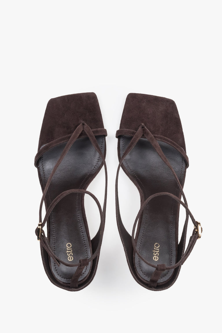 Elegant dsrk brown sandals with thin straps, made of genuine velour, 7.5 cm heel – top view.