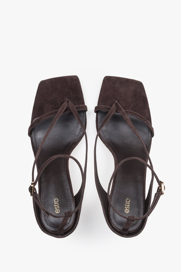 Elegant dsrk brown sandals with thin straps, made of genuine velour, 7.5 cm heel – top view.