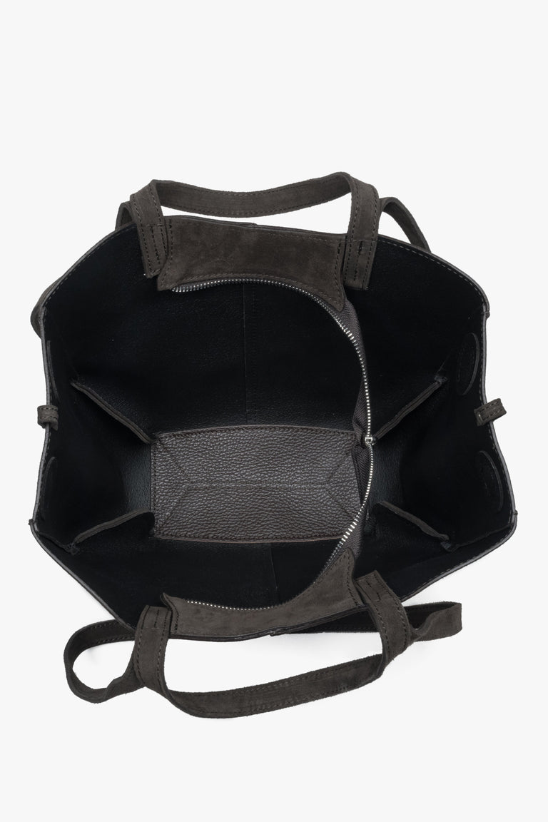 Women's dark brown shoulder bag with long handles made of Premium Italian Genuine Velour Estro.