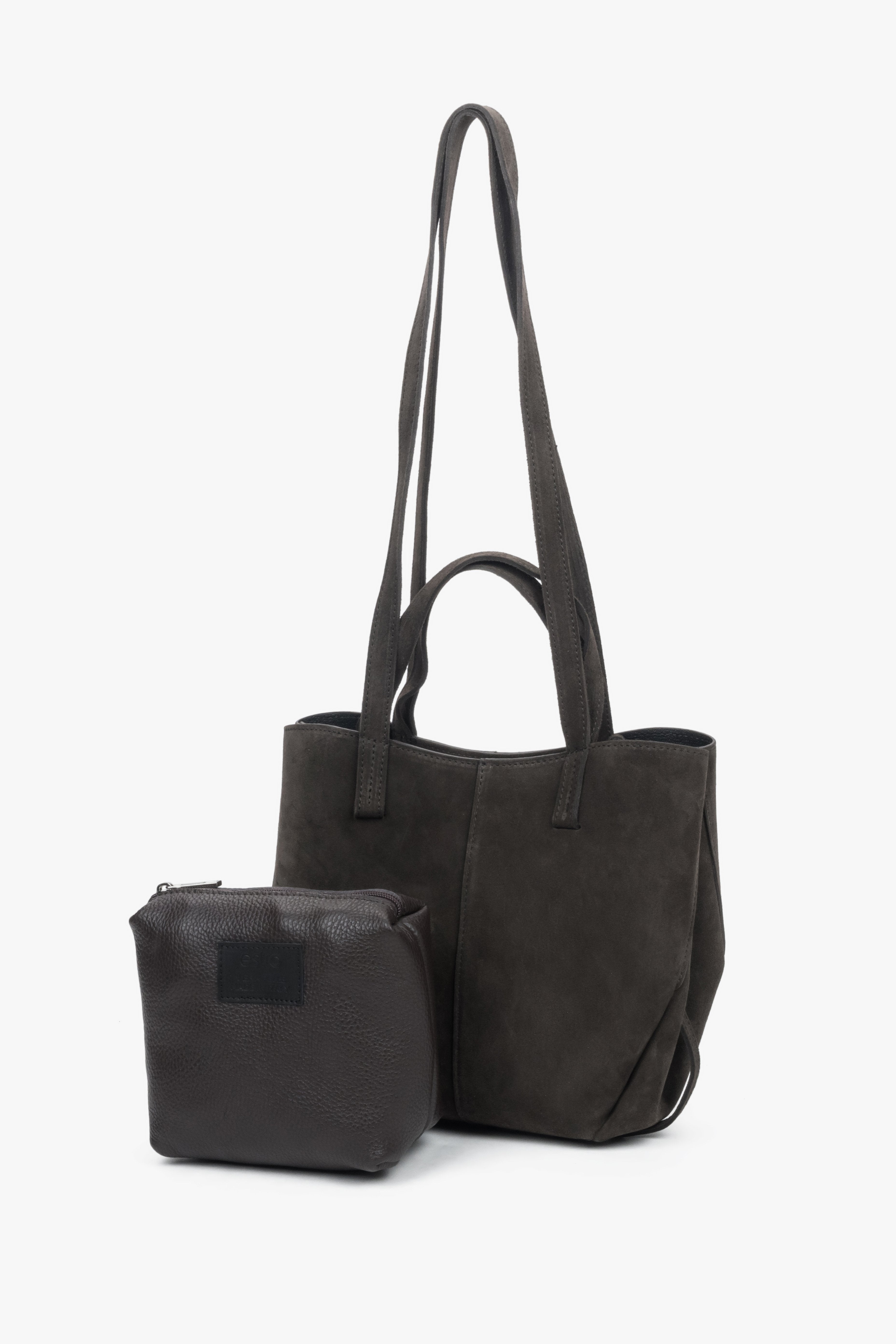 Women's shoulder bag with long handles, dark brown, made of Premium Italian Genuine Velour, Estro.