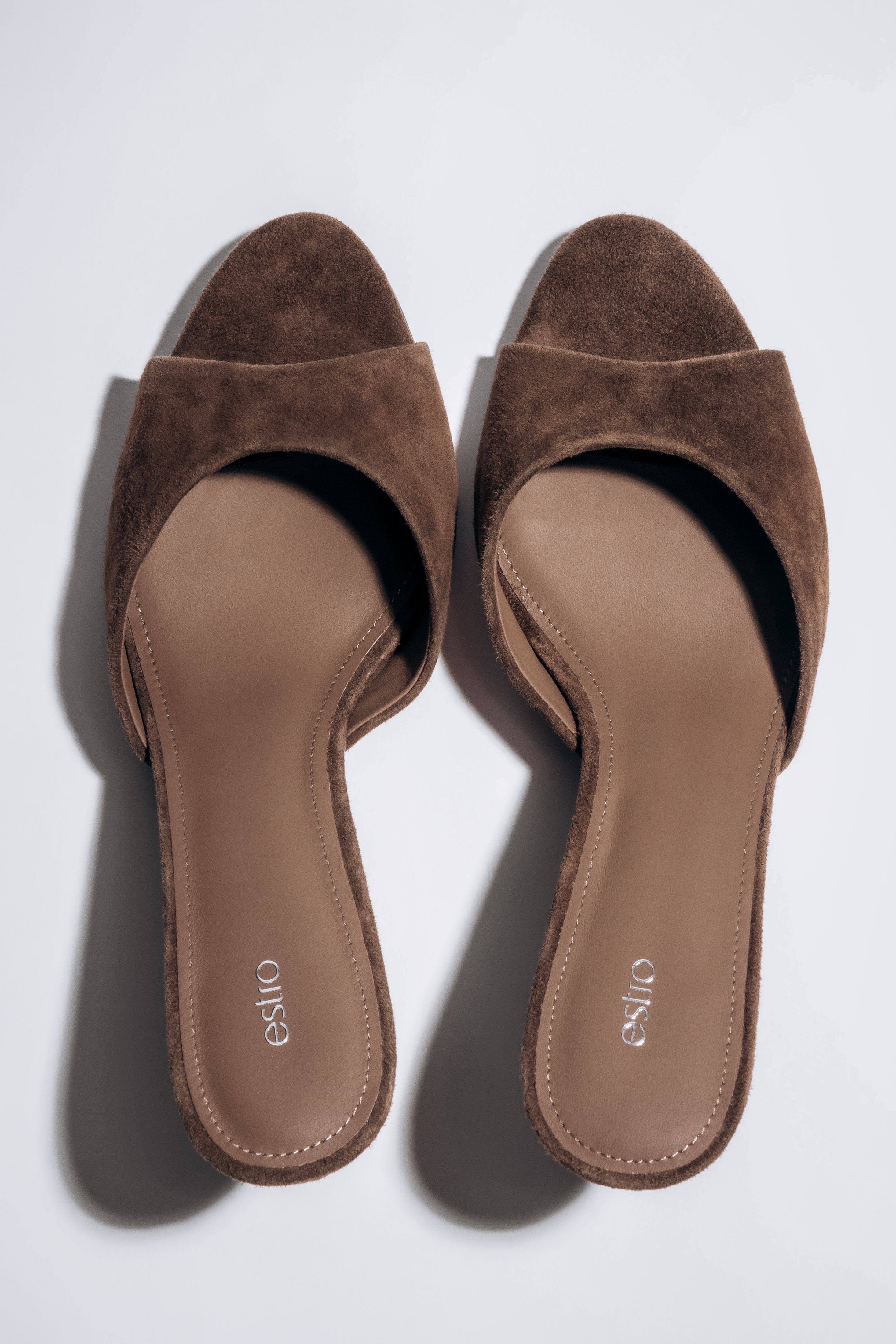 Women's dark brown velour heeled mules by Estro with open toe