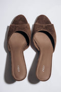 Women's dark brown velour heeled mules by Estro with open toe