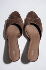 Women's dark brown velour heeled mules by Estro with open toe