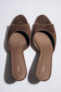 Women's dark brown velour heeled mules by Estro with open toe