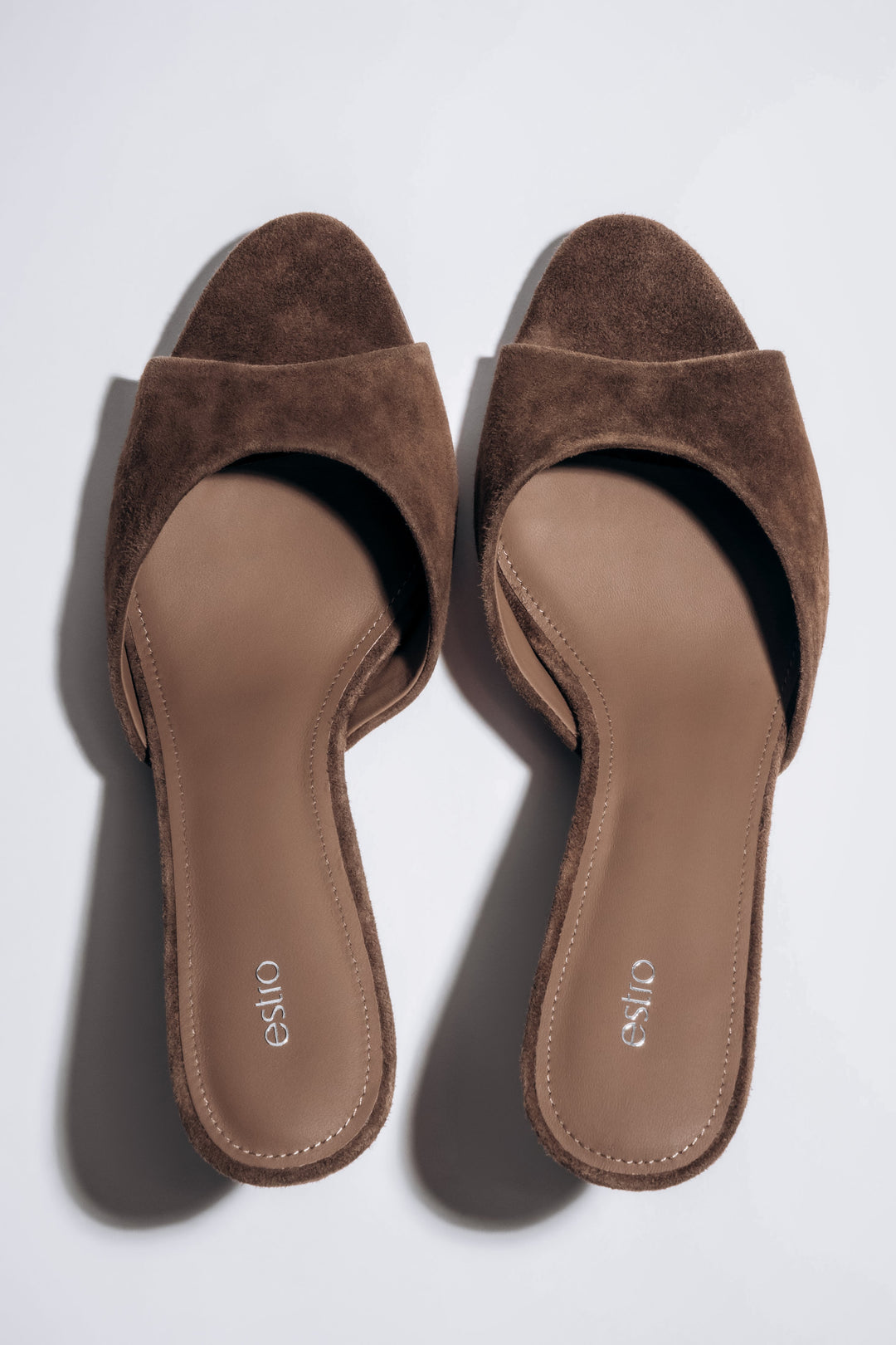 Women's dark brown velour heeled mules by Estro with open toe