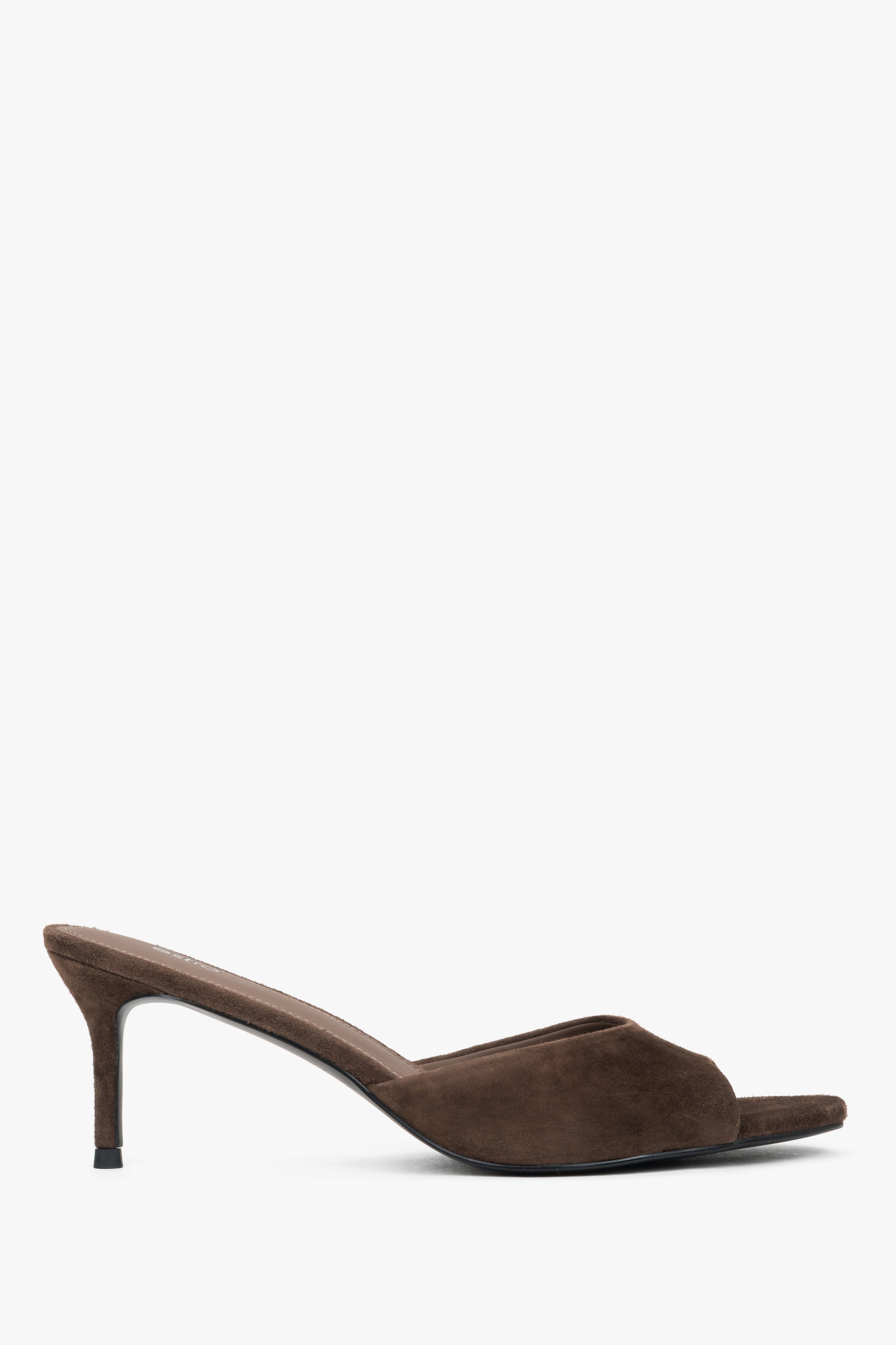 Side view of women's dark brown velour heeled mules by Estro