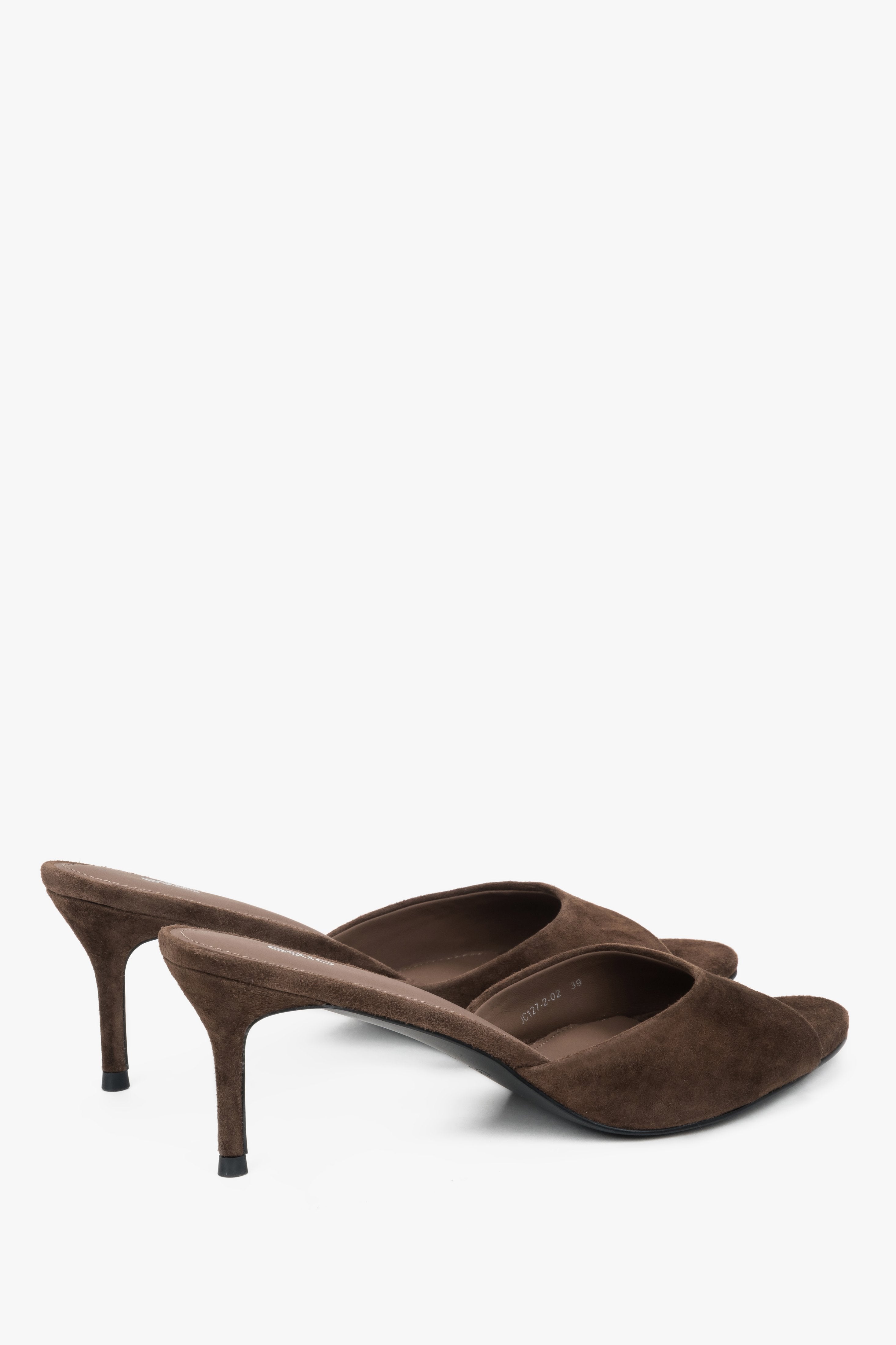 Angled side view of women's dark brown velour mules by Estro