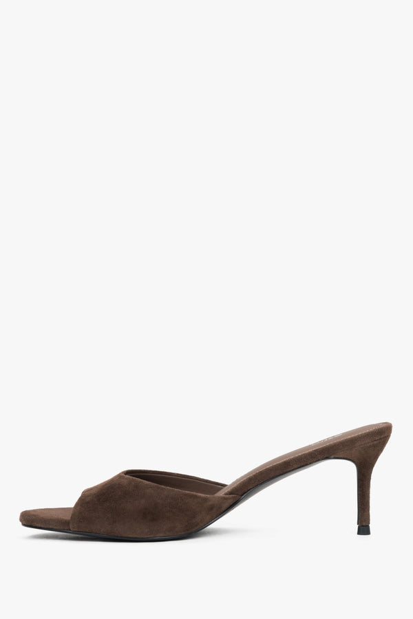 Low side view of women's dark brown open-toe heeled mules