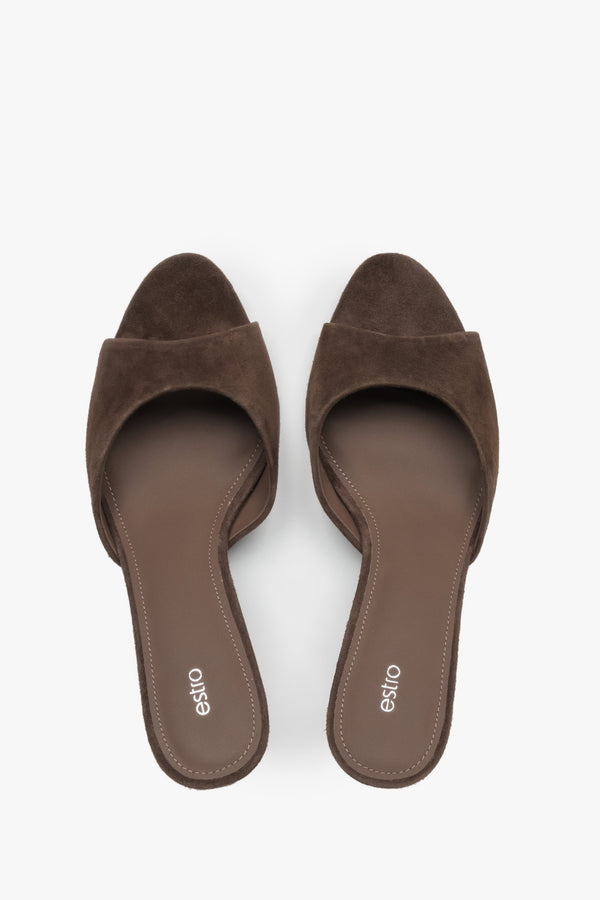 Top view of women's dark brown velour heeled mules by Estro