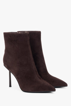 Dark brown women’s high-heeled ankle boots in natural velour.