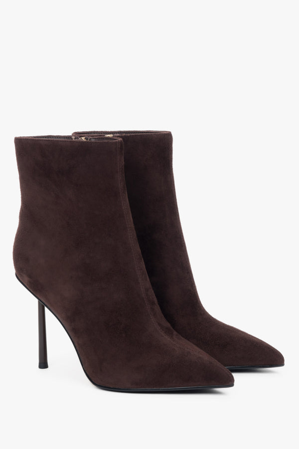 Dark brown women’s high-heeled ankle boots in natural velour.