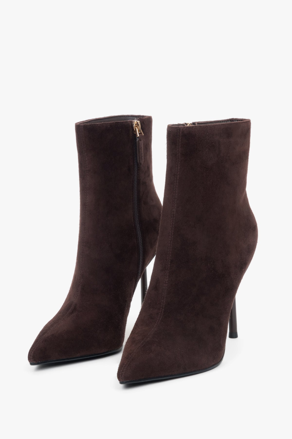 Women’s dark brown high-heeled ankle boots in natural velour Estro.