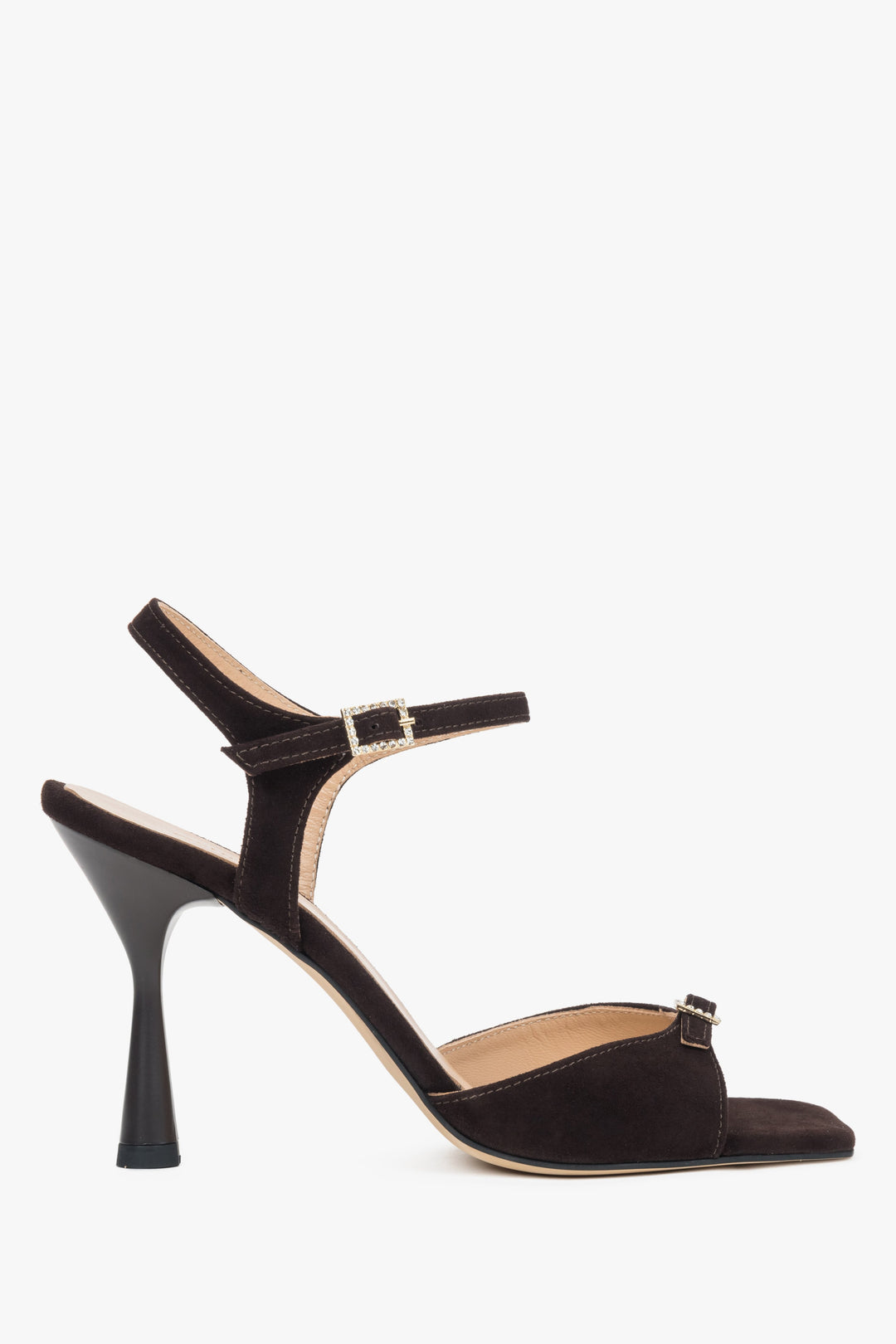 Women’s Dark Brown Velour High-Heeled Sandals with a Decorative Rhinestone Estro ER00117660.
