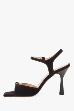 Women's dark brown velour high-heeled sandals with a decorative rhinestone.