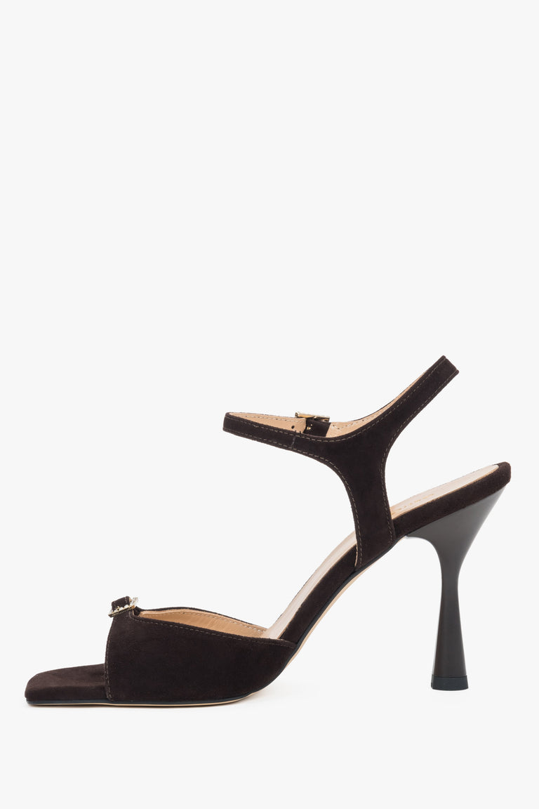 Women's dark brown velour high-heeled sandals with a decorative rhinestone.