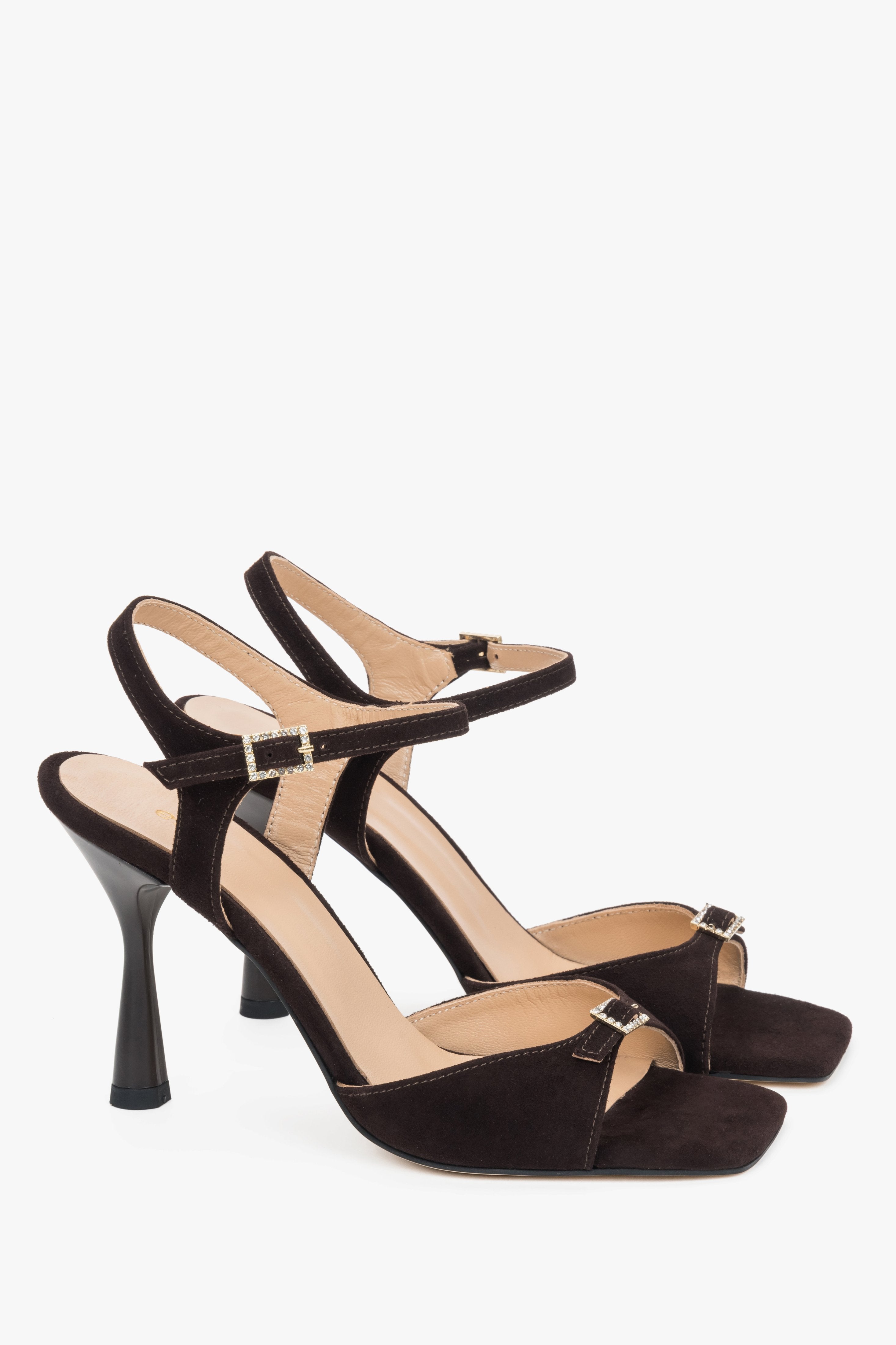 Women's dark brown high-heeled sandals made of natural velour with a decorative rhinestone Estro.