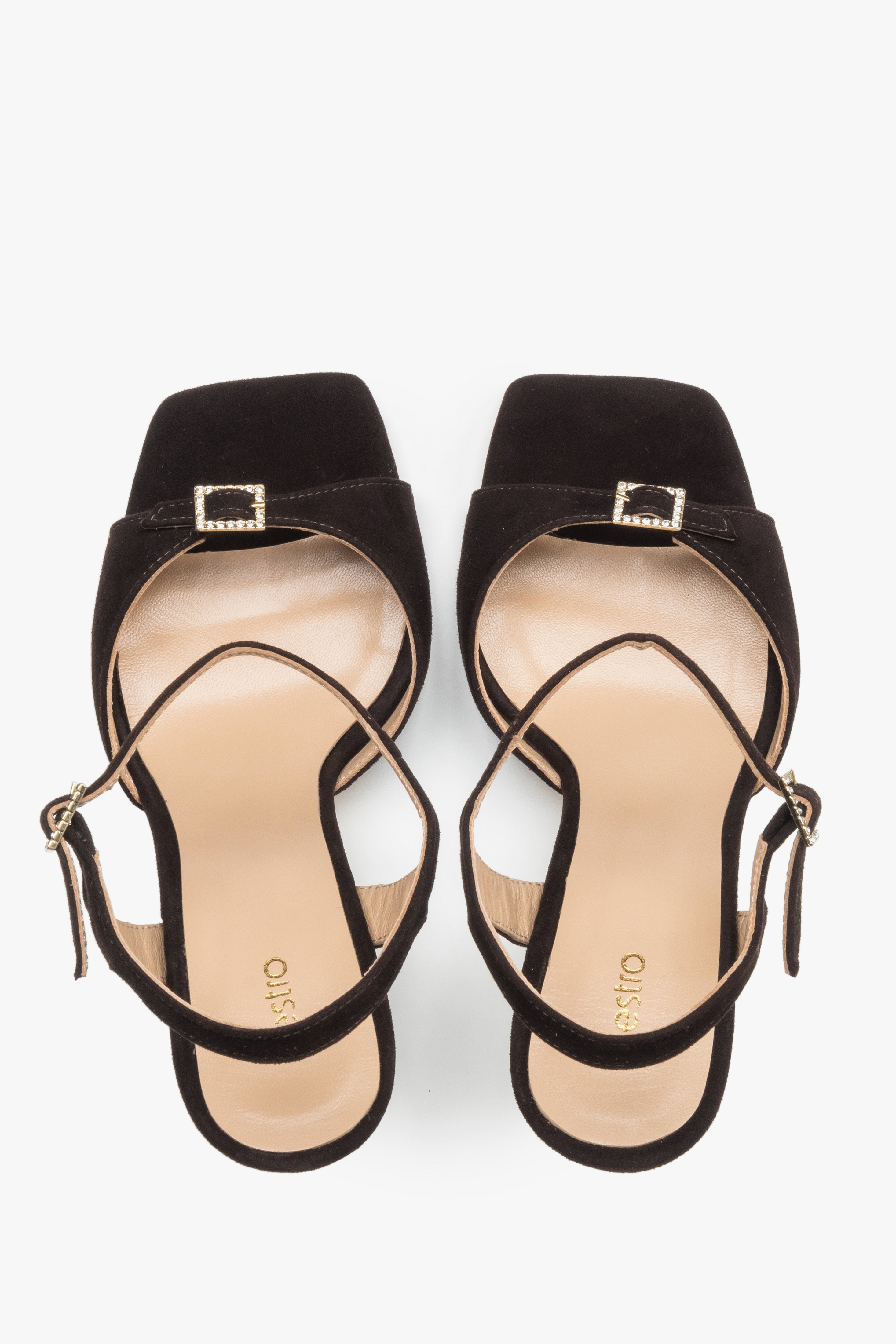 Women's high-heeled sandals, dark brown, velour, with a decorative rhinestone, Estro.