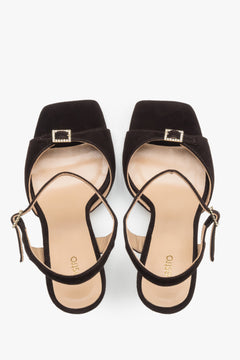 Women's high-heeled sandals, dark brown, velour, with a decorative rhinestone, Estro.