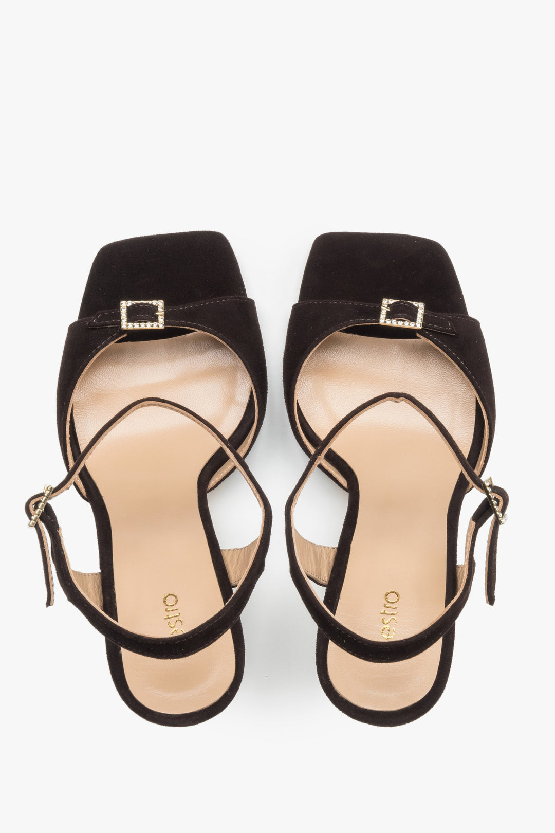 Women's high-heeled sandals, dark brown, velour, with a decorative rhinestone, Estro.