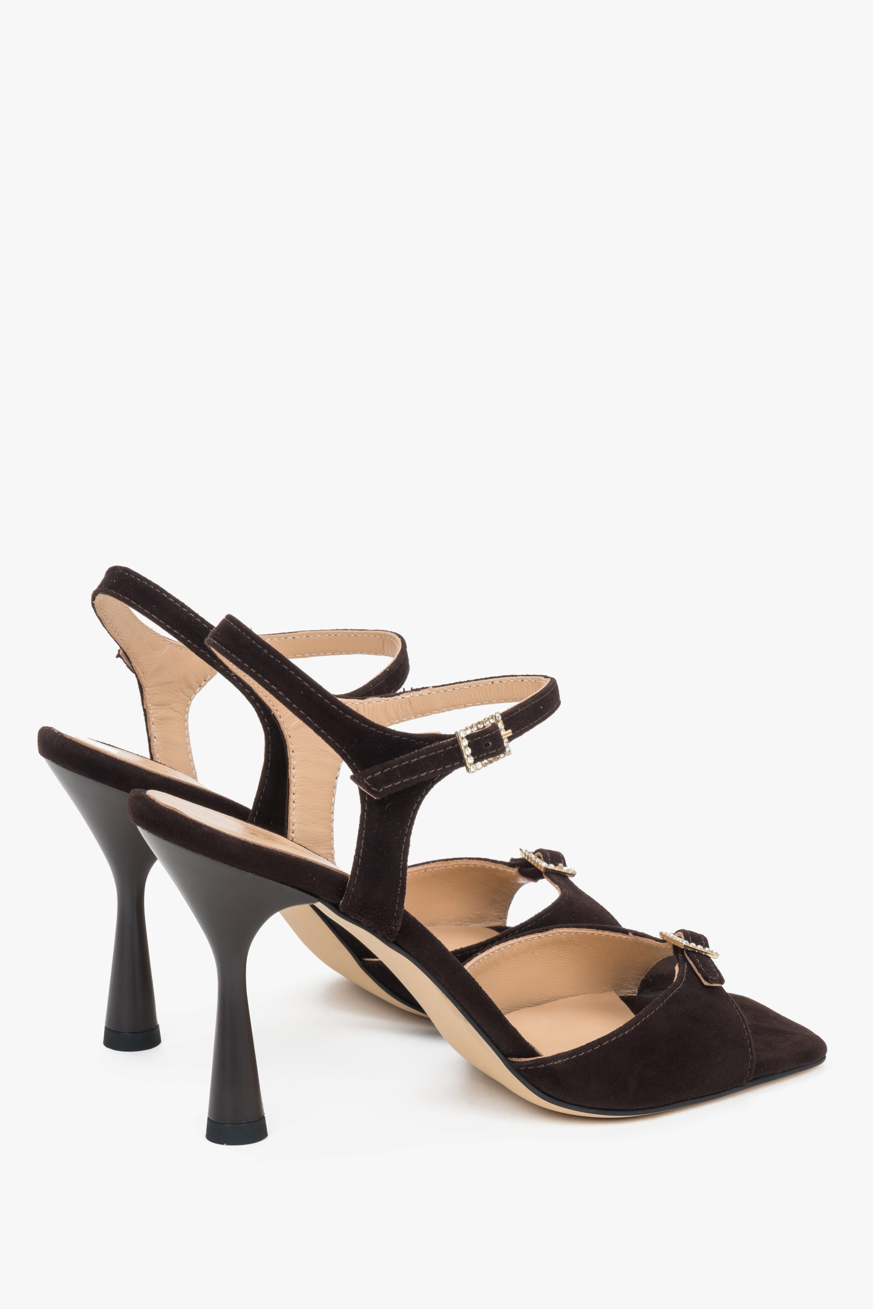 Made of natural velour, women's dark brown sandals on a flared heel with a decorative rhinestone Estro.