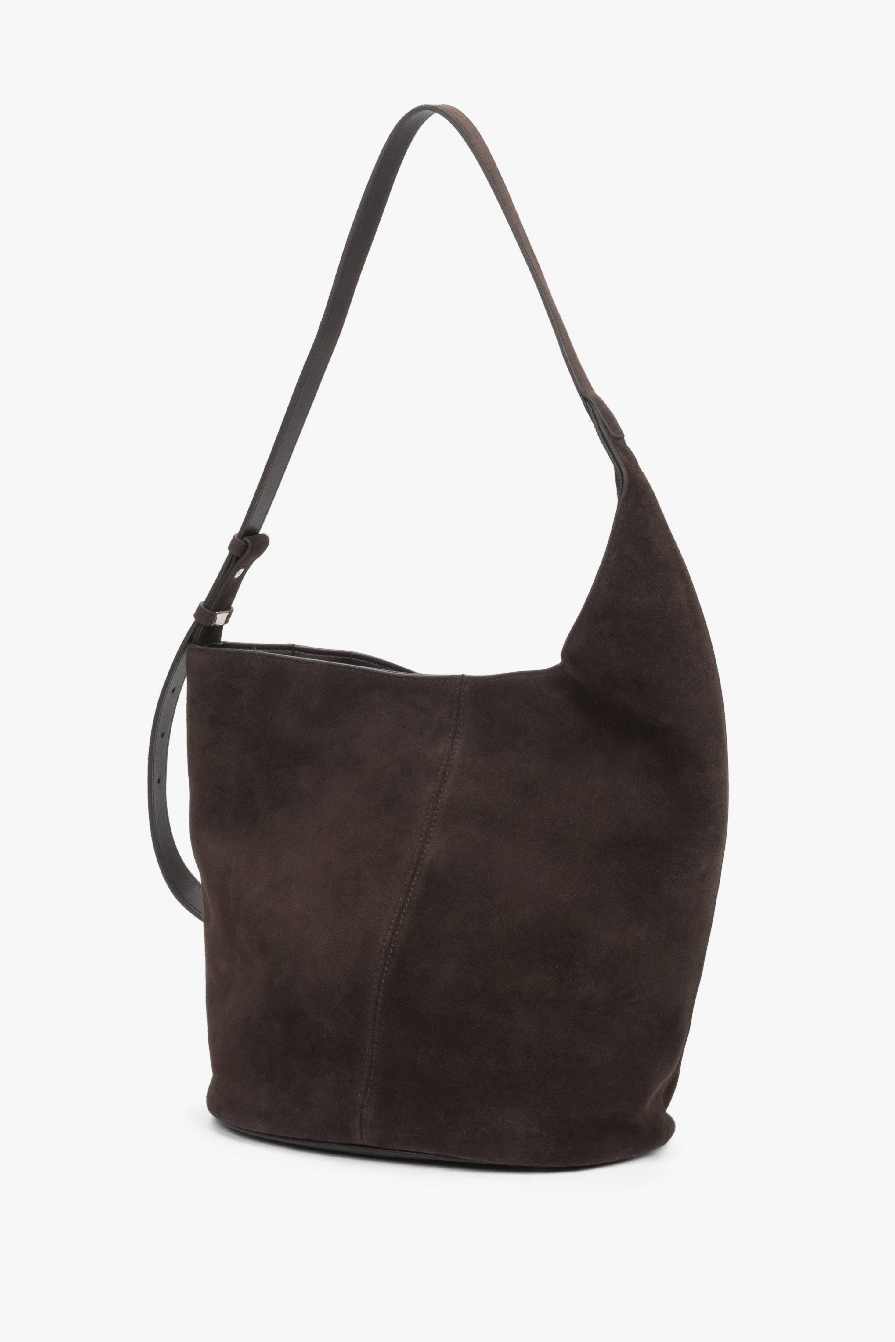 Front view of women's dark brown velour hobo shopper bag by Estro