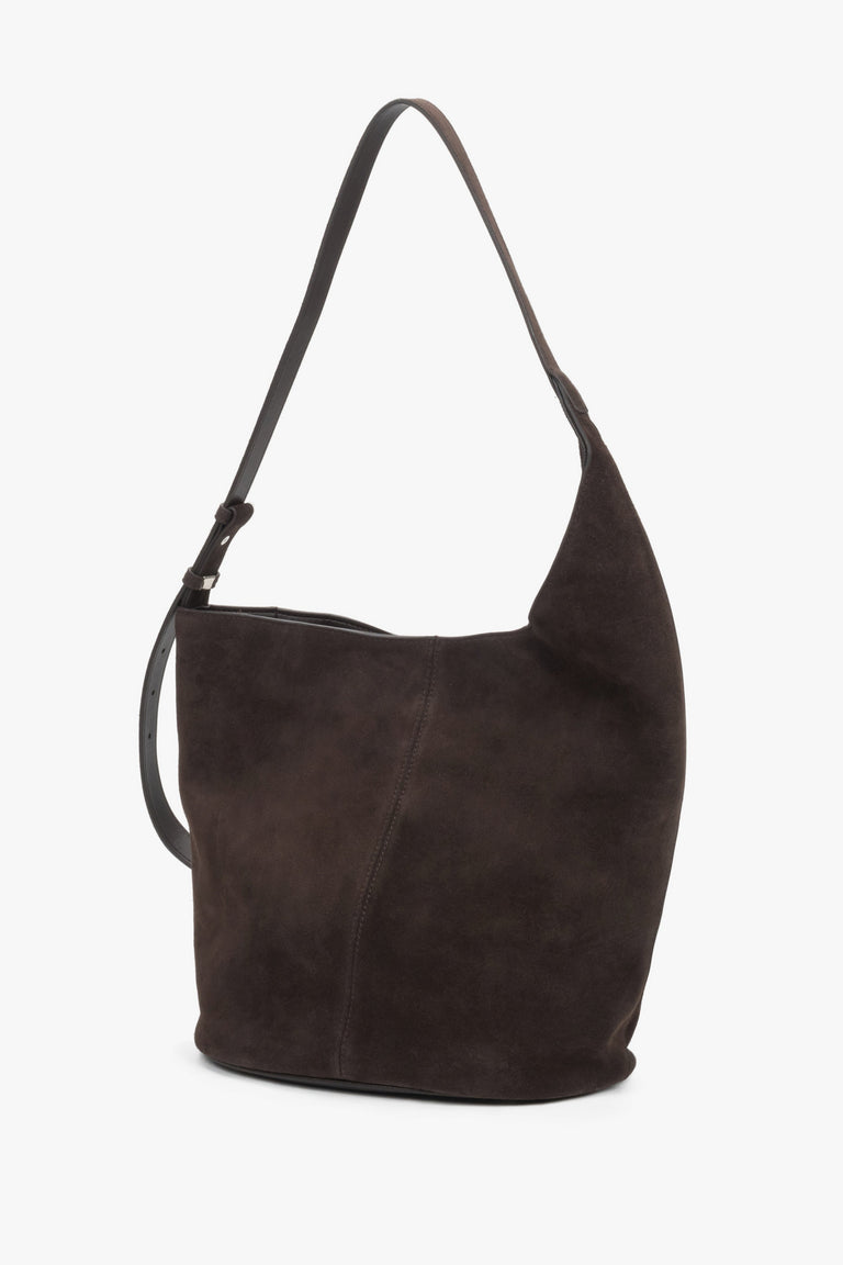 Front view of women's dark brown velour hobo shopper bag by Estro
