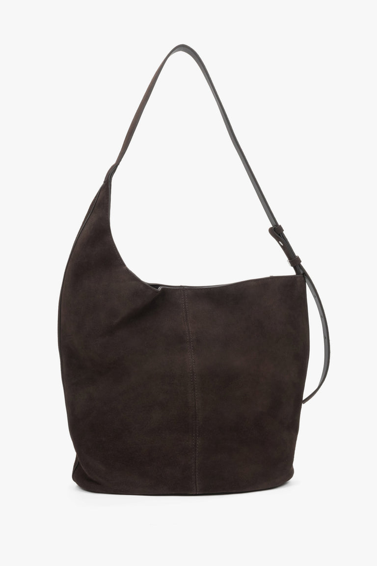 Back view of women's dark brown velour hobo shopper bag by Estro