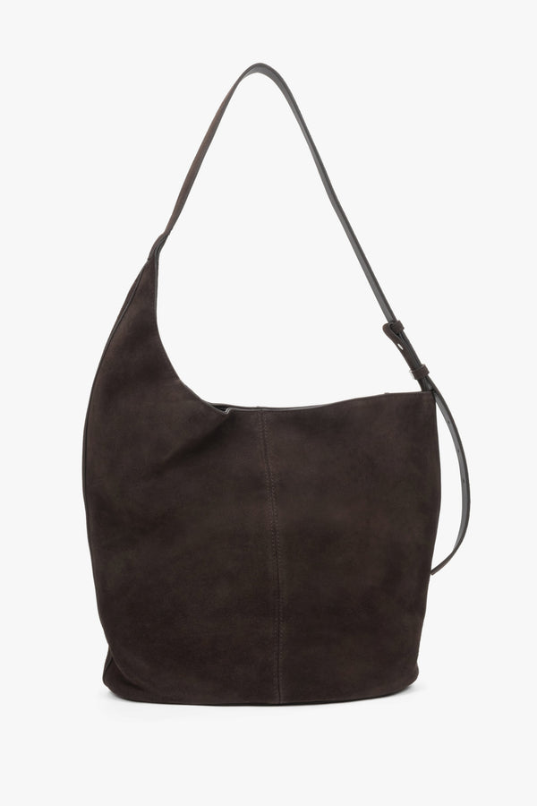 Back view of women's dark brown velour hobo shopper bag by Estro