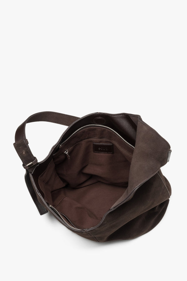 Interior view of women's dark brown velour hobo shopper bag by Estro