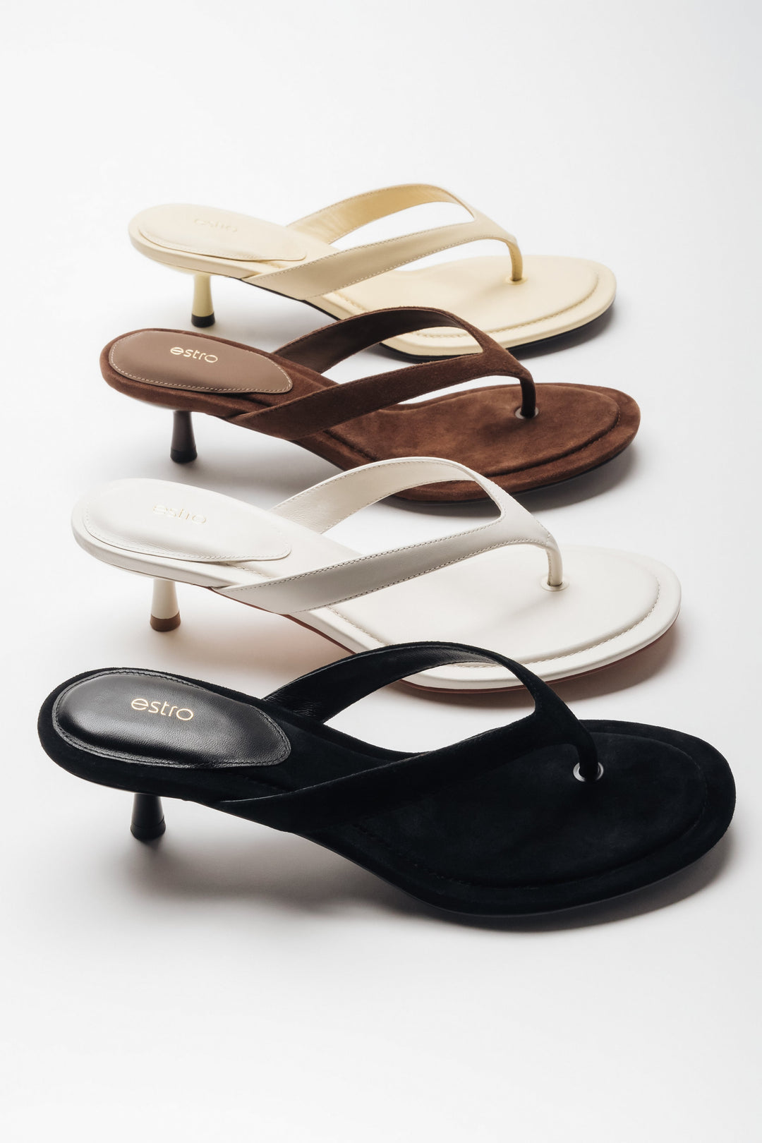 Three colour versions of women's velour kitten heel mules by Estro