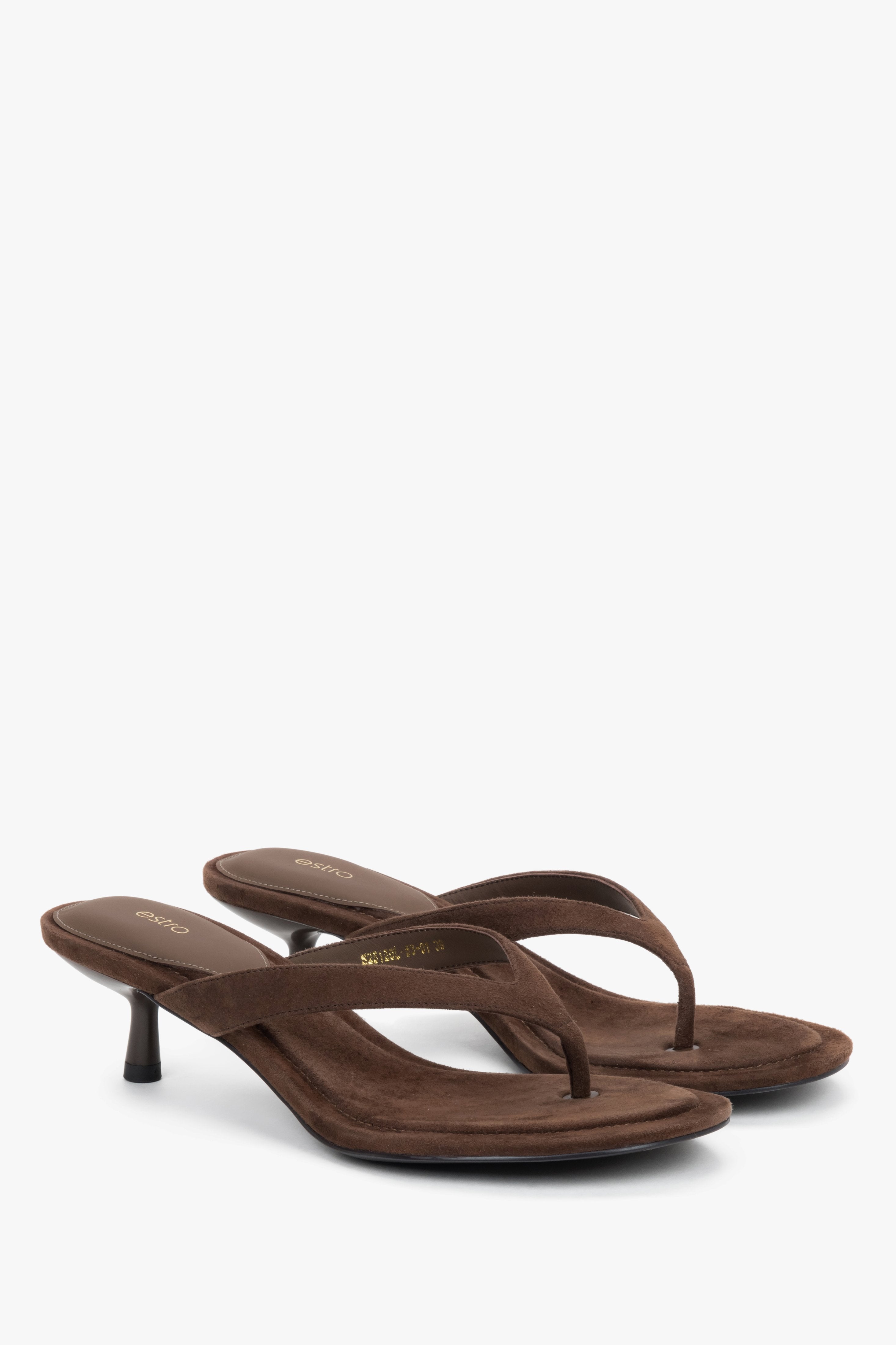Side view of women's dark brown velour mules with low heel
