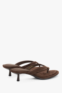 Angled view of women's dark brown velour kitten heel mules