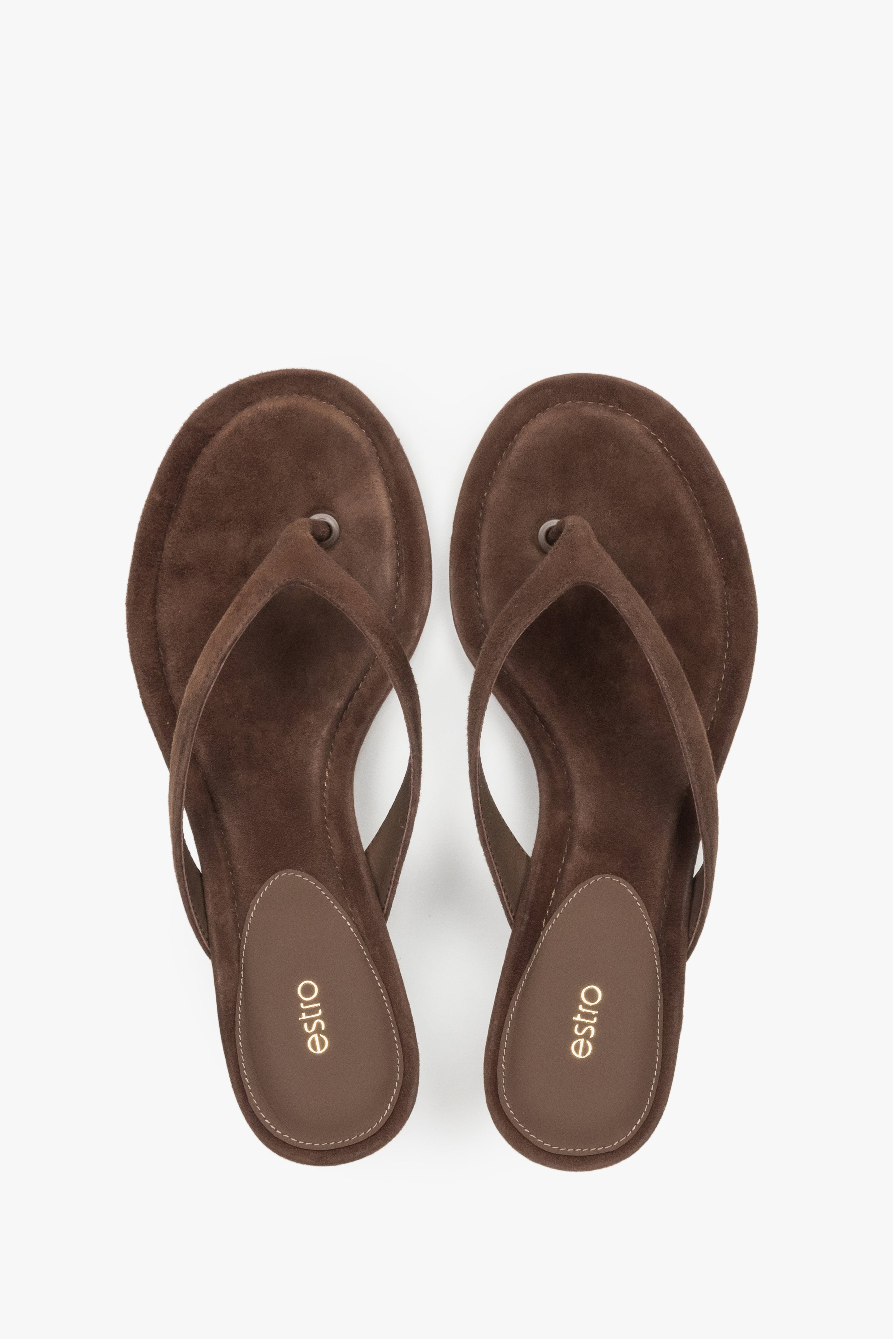 Top view of women's dark brown velour mules by Estro